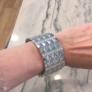 Wide Silver-Toned Stretch Bracelet with Studded Gems